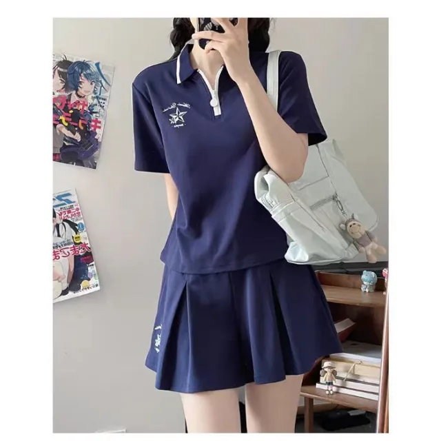 Womens Pleated Safety Skirt And Casual Sporty Chic Set Blue - Shop at LoveMi