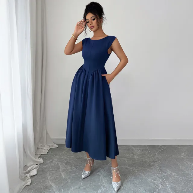 Solid Color Waist Long Skirt Dress Women Blue - Shop at LoveMi