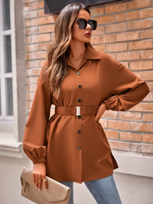 Single Breasted Belt Shirt Coat Women Brown - Shop at LoveMi