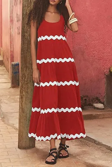 U shaped Collar Corrugated Tube Top Solid Color A Line Slip Dress Red - Shop at LoveMi