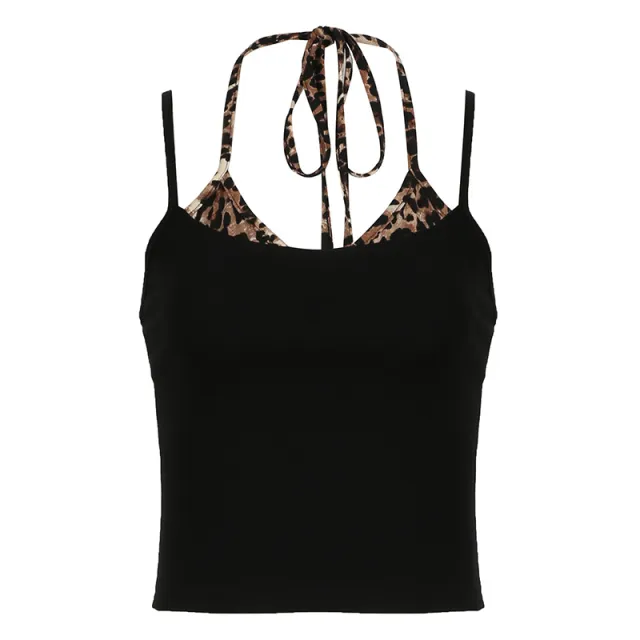 Street Cool Leopard Print Contrast Color False Two piece Patchwork Slim fit Camisole Black - Shop at LoveMi