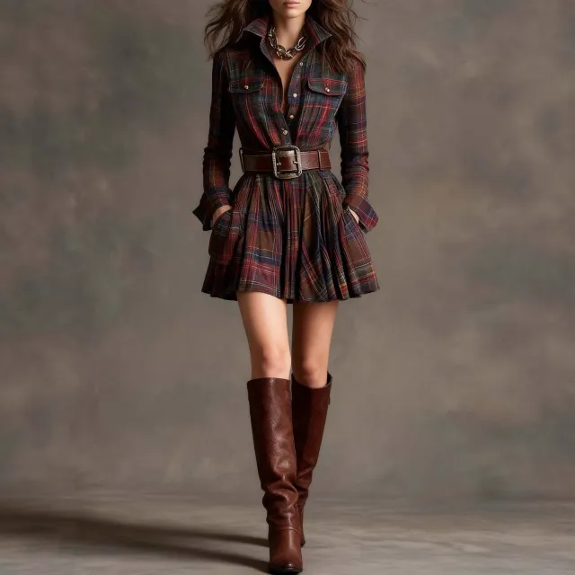 European And American Elegant Plaid Long Sleeve Short Dress Belt Plaid L - Shop at LoveMi