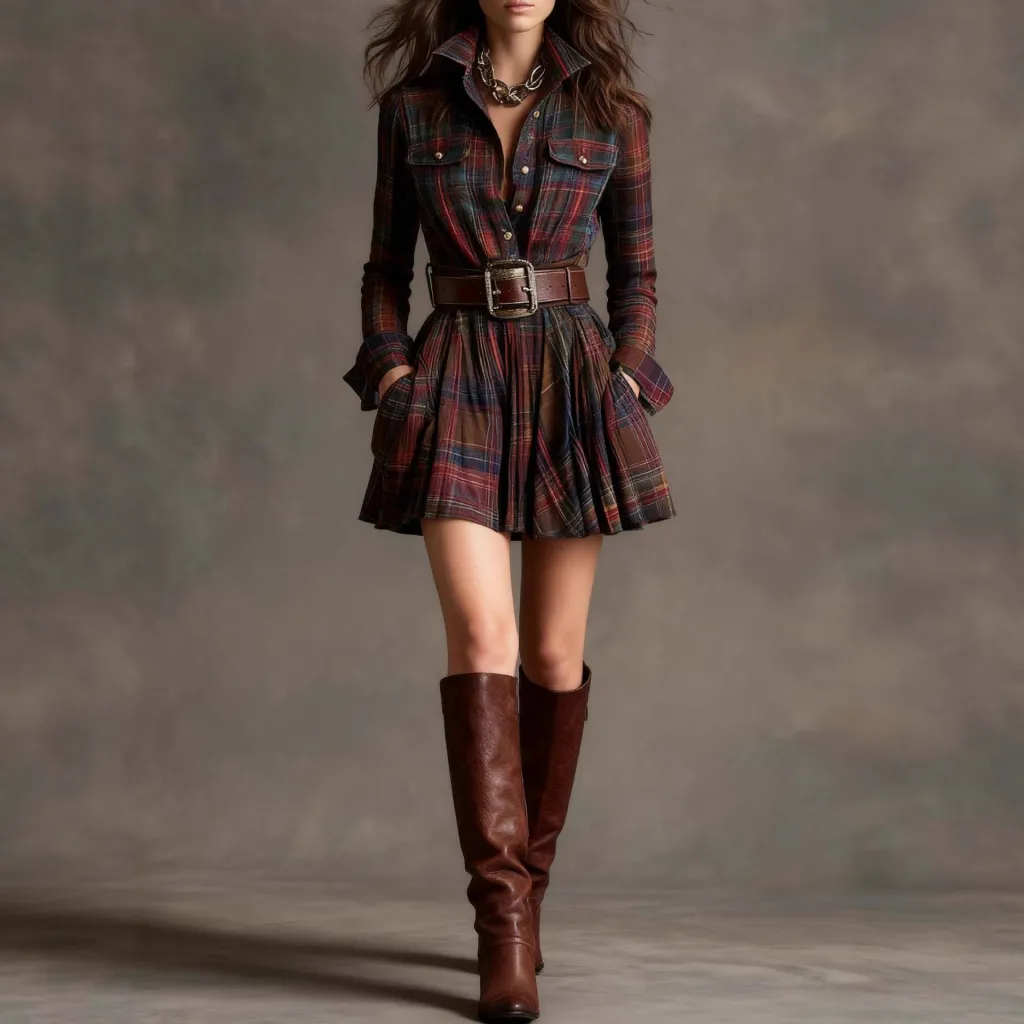 European And American Elegant Plaid Long Sleeve Short Dress Belt - Plaid-L