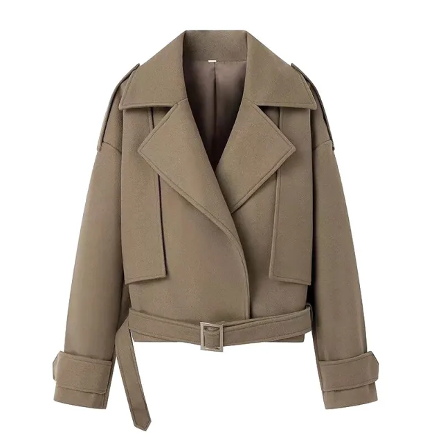 Fashion All match With Belt V neck Loose Casual Woolen Coat Camel - Shop at LoveMi