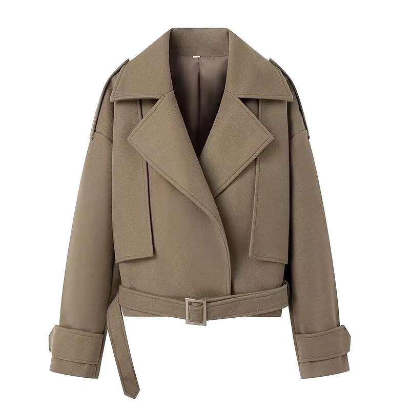 Fashion All-match With Belt V-neck Loose Casual Woolen Coat - Camel