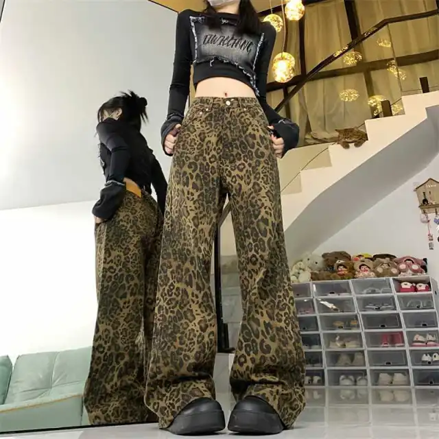 Women's American style Vintage Leopard Print Wide leg Jeans Leopard Print - Shop at LoveMi