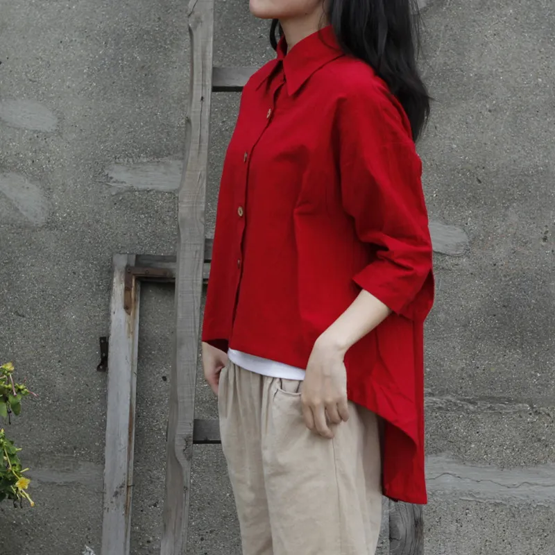 Women's Three-quarter Sleeve Irregular Blouse Loose Casual - Dark Red