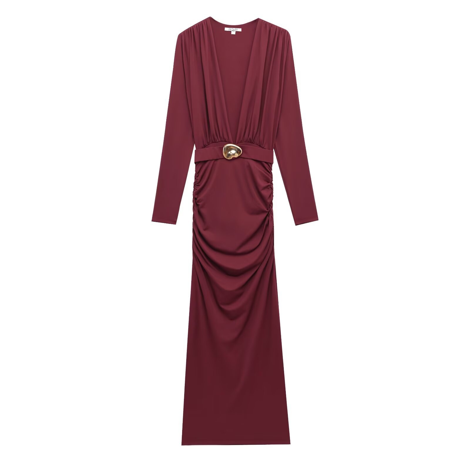 New Casual Fashion V neck Pleated Waistband Long Dress Wine Red - Shop at LoveMi