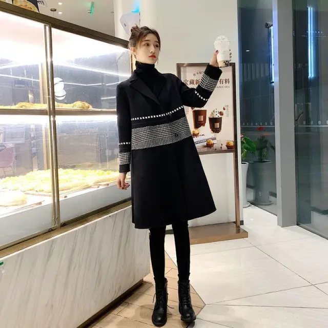 Black Woolen Coat Women's Mid length Black Regular Style - Shop at LoveMi