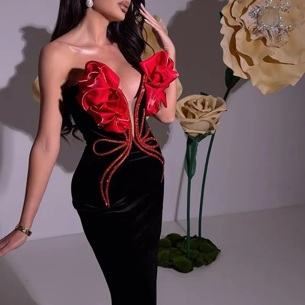 European And American Fashion New Style Temperament Socialite Flower Chain Strapless Long Type Evening Dress - Black Red Flower