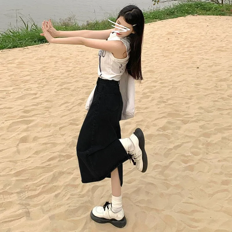 High-waisted Slit Denim Skirt A-line Midi Skirt - Black