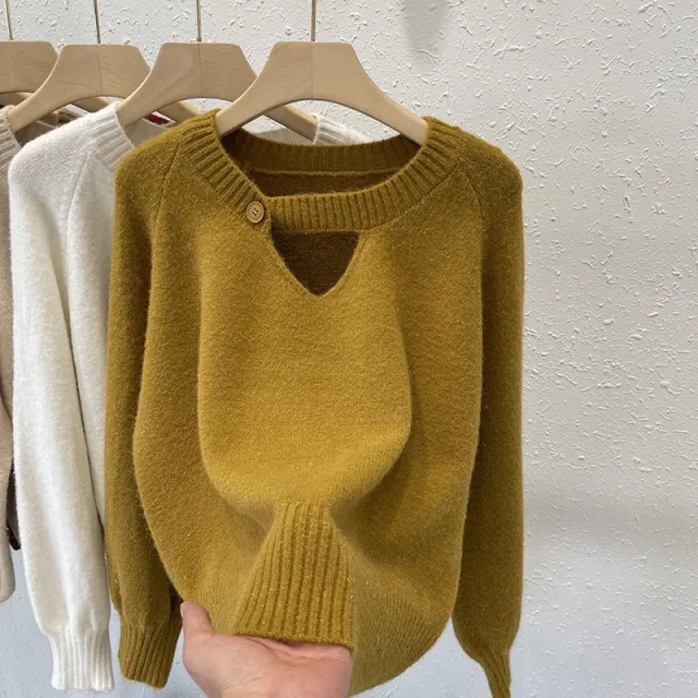 Women's Fashion Solid Color Retro Knitted Sweater Olive Green - Shop at LoveMi