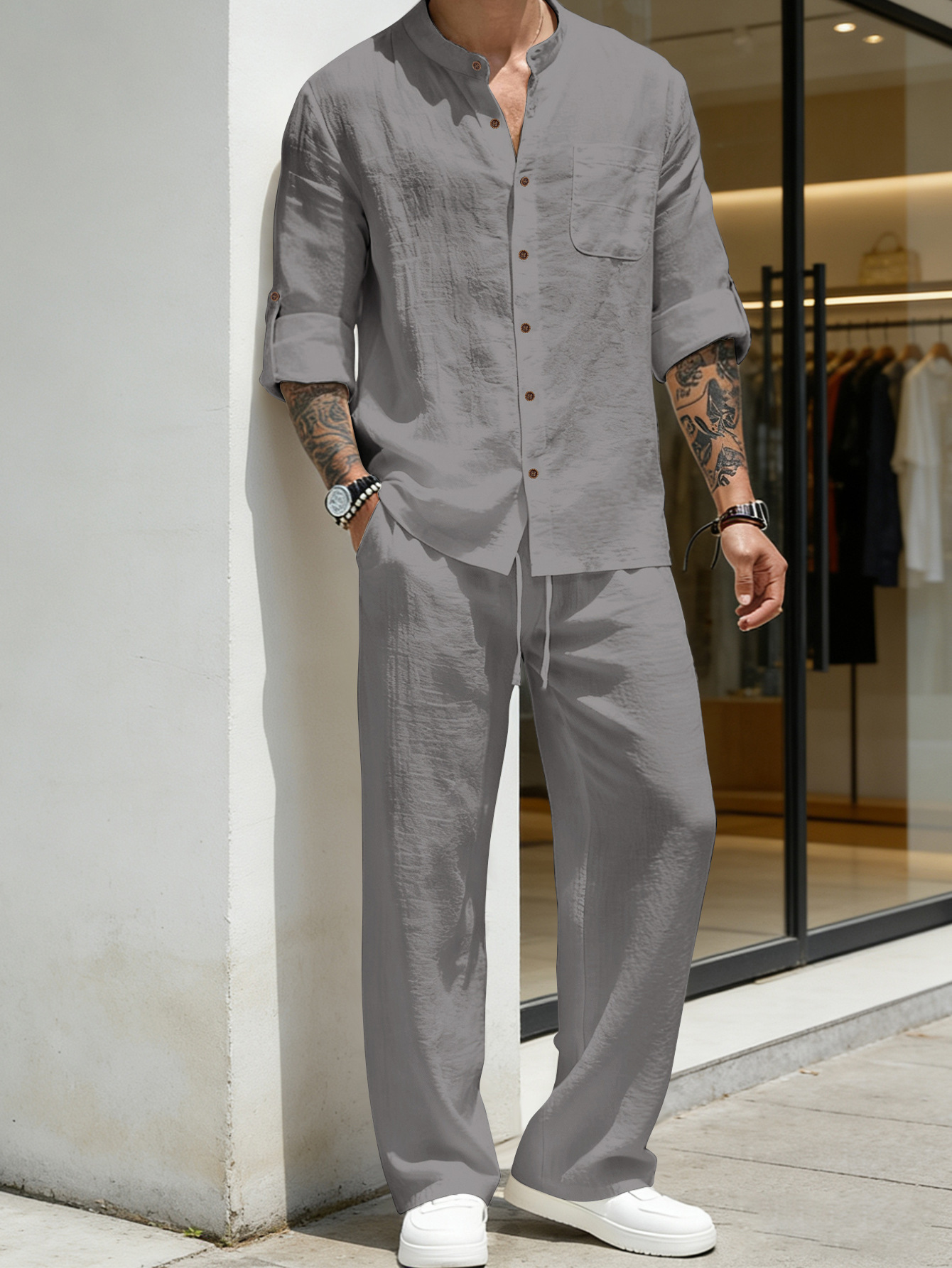 Mens Solid-Color Linen Long-Sleeve Shirt And Pants Two-Piece Set 7