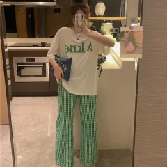 Loose Casual Simple Plaid Homewear Two-piece Suit - Green Plaid Suit - View 1