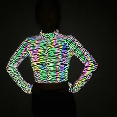 Colorful Reflective Short Jacket Women's Sports Zipper Top - Zebra Pattern - View 1