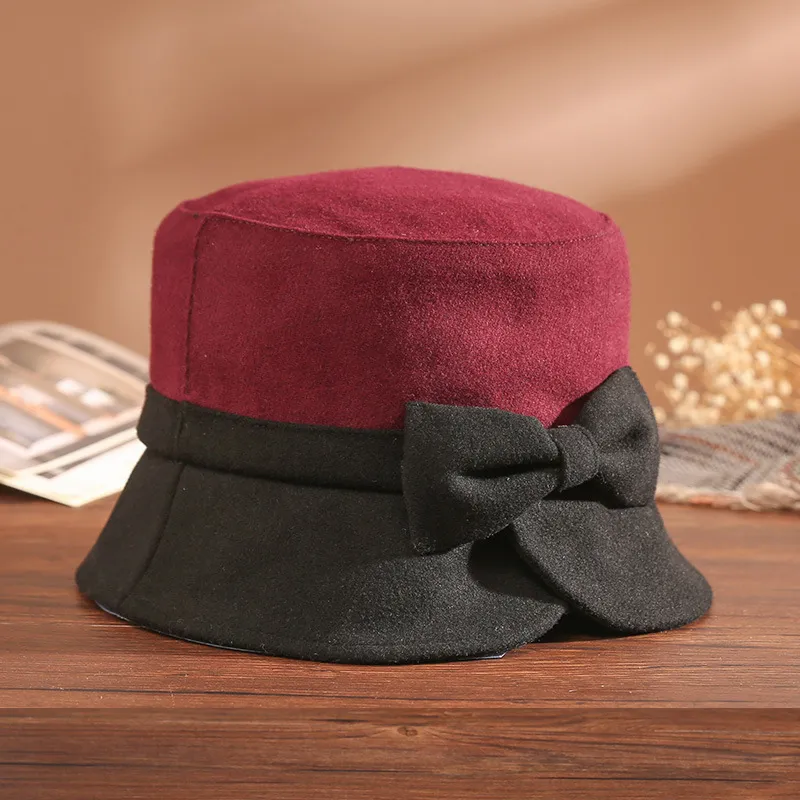 Women's Winter Graceful Bow Elegant Bucket Hat - Wine Reddish Black