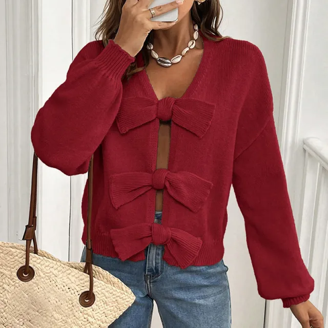 Minimalist Bowknot Matching Niche Knitted Jacket Red - Shop at LoveMi