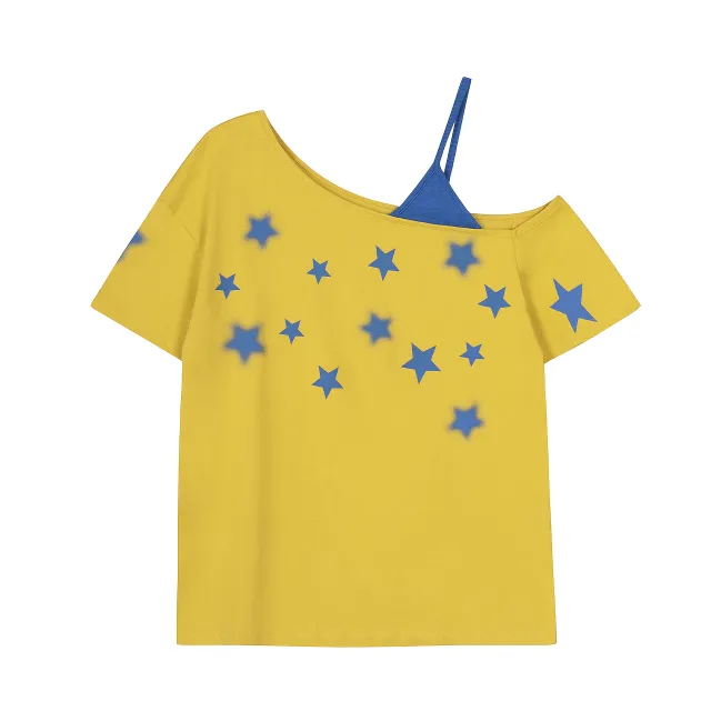 Five pointed Star Printed Sloping shoulder Off The shoulder Short sleeved T shirt For Women Yellow - Shop at LoveMi