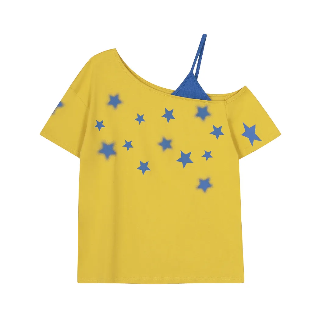 Five-pointed Star Printed Sloping-shoulder Off The-shoulder Short-sleeved T-shirt For Women - Yellow
