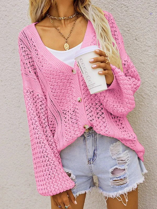 Hollow Personality V neck Loose Cardigan Button Sweater Pink - Shop at LoveMi