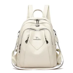 Geometric Patchwork Genuine Leather Exquisite Student Kangaroo Backpack - Beige - View 1