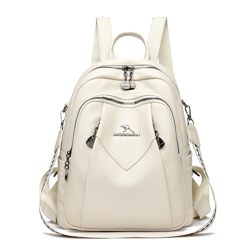 Geometric Patchwork Genuine Leather Exquisite Student Kangaroo Backpack - Beige