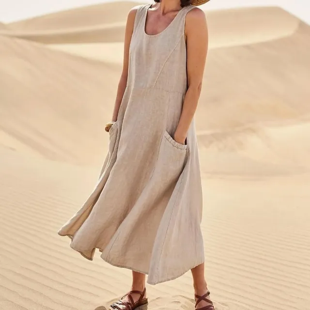 Pocket Sleeveless Round Neck Women's Cotton And Linen Dress Khaki - Shop at LoveMi