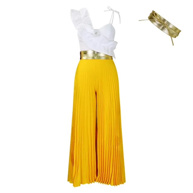 Top Wide Leg Pants Fashion Suit Yellow Belt - Shop at LoveMi