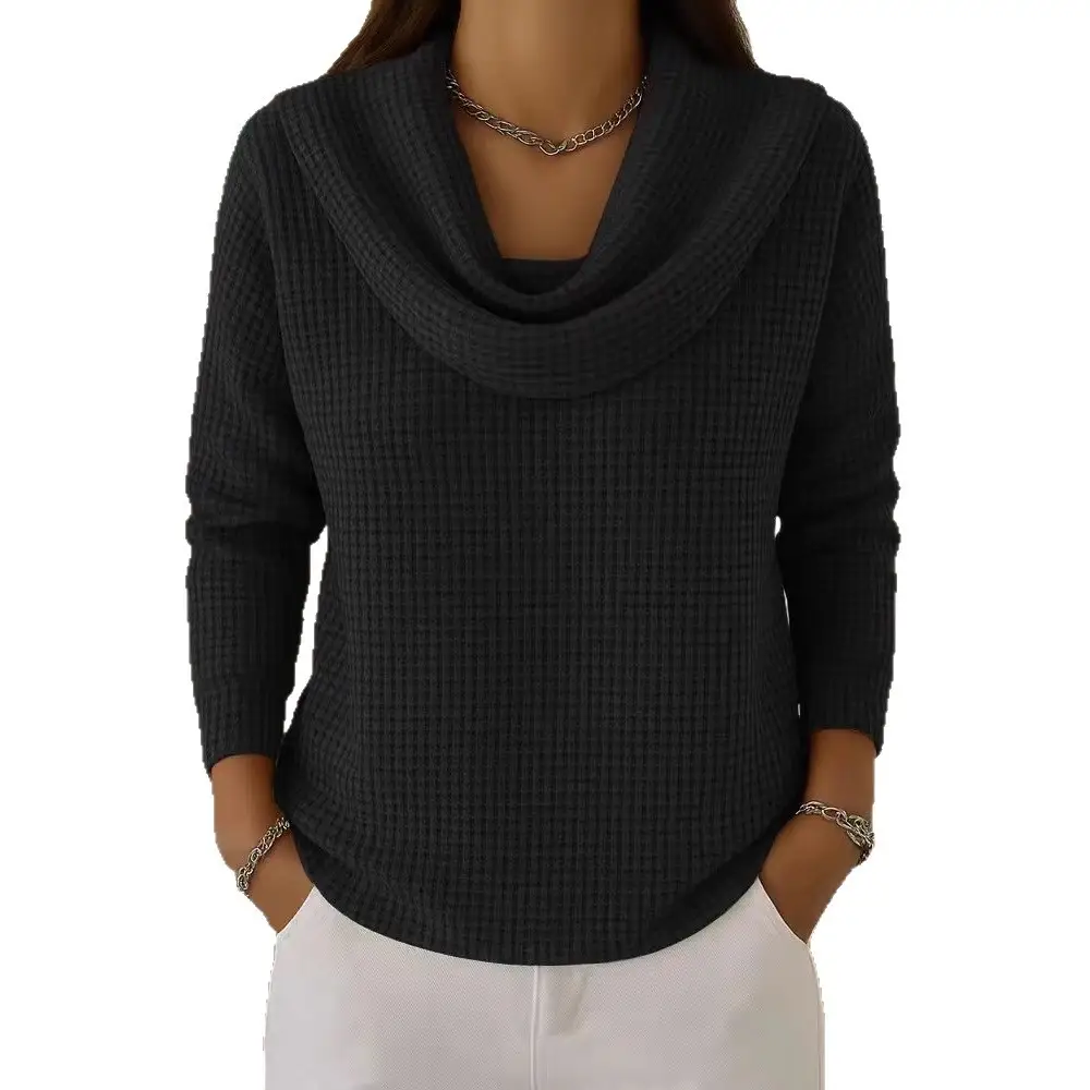 Women's Casual Loose Fashion Solid Color Waffle Long Sleeve Top