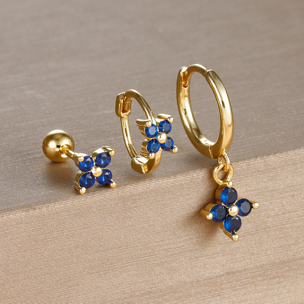 Light Luxury Minority Design Blue Zircon Four-leaf Earrings