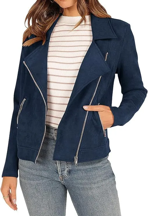 Fashion Deerskin Velvet Motorcycle Jacket Zipper Pocket Short Coat Navy - Shop at LoveMi