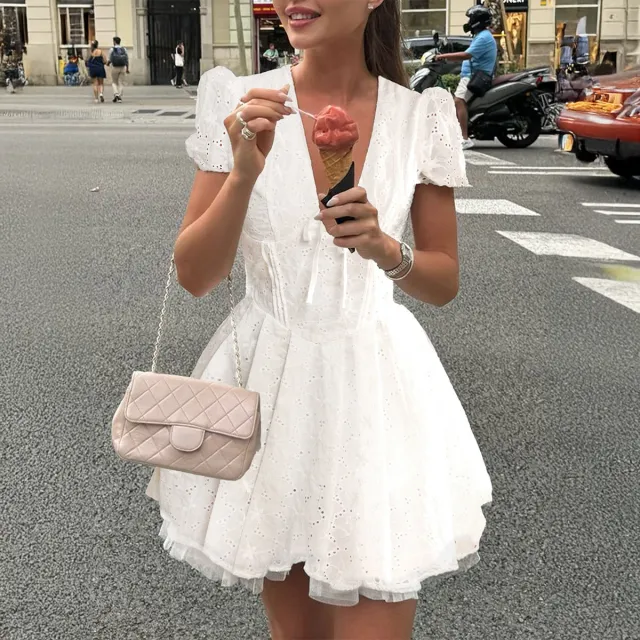 Casual Vacation Style Solid Color Hollow Dress Women White - Shop at LoveMi
