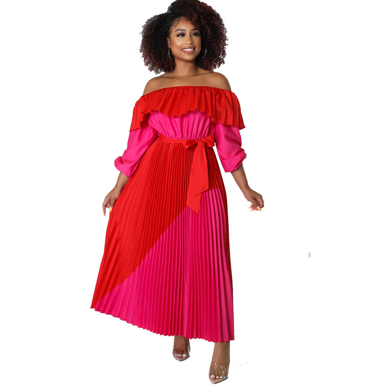 Off-shoulder Mixed Color Pleated Temperament Dress