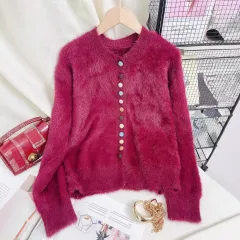 Women's Casual Warm Colourful Button Sweater - Wine Red - View 1