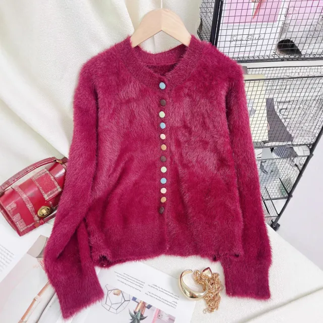 Women's Casual Warm Colorful Button Sweater Wine Red - Shop at LoveMi