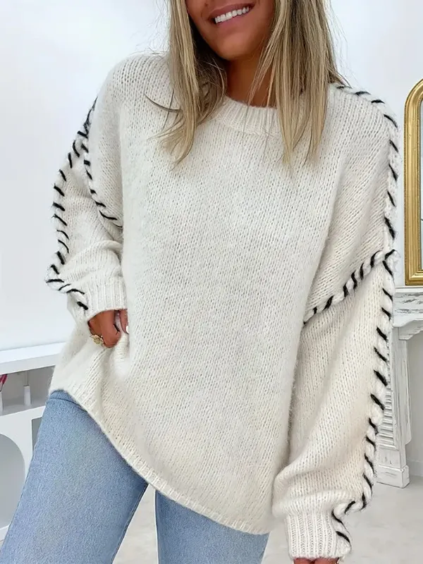 Spring And Autumn Fashion Solid Color Round Neck Long Sleeve Loose Knitted Sweater Apricot - Shop at LoveMi