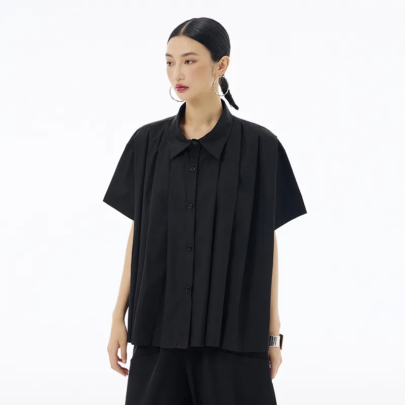 Loose Short-sleeved Lapel Shirt Women's Summer New Simple Top - Black