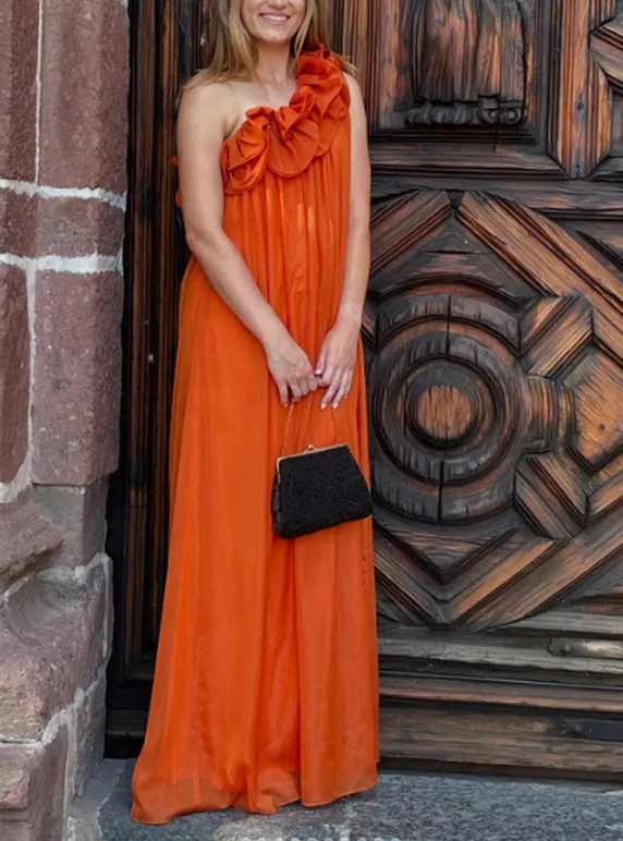 Women's Three dimensional Flower Pleated Strapless Sloping Shoulder Backless Dress Orange - Shop at LoveMi