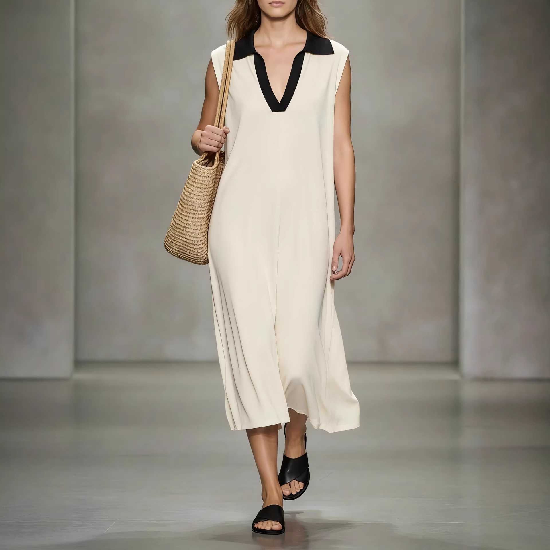 Elegant Prikket Midikjole i Chiffon