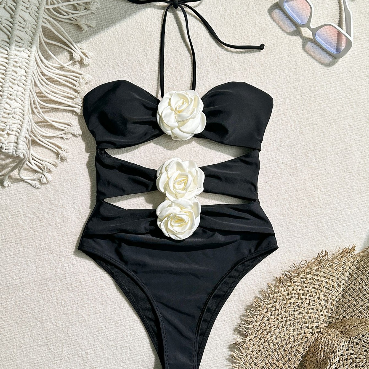 Solid-color Floral One-piece Bikini