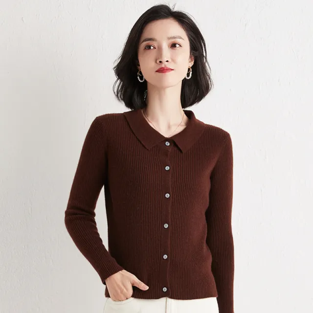 Polo Collar Slim Fit Slimming Long Sleeves Top Breasted Cardigan Coffee - Shop at LoveMi