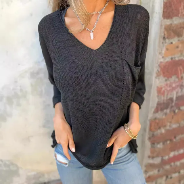 V neck Long Sleeve Pocket Casual Knitted Sweater Top Black - Shop at LoveMi