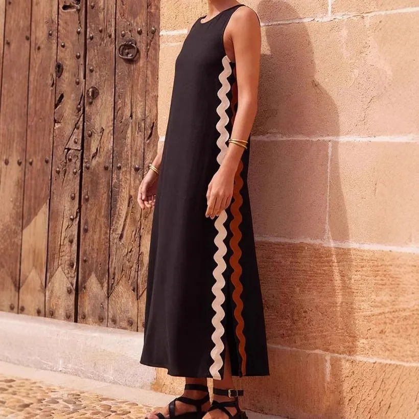 Fashion Round Neck Vest Sleeveless Long Dress Women - Black