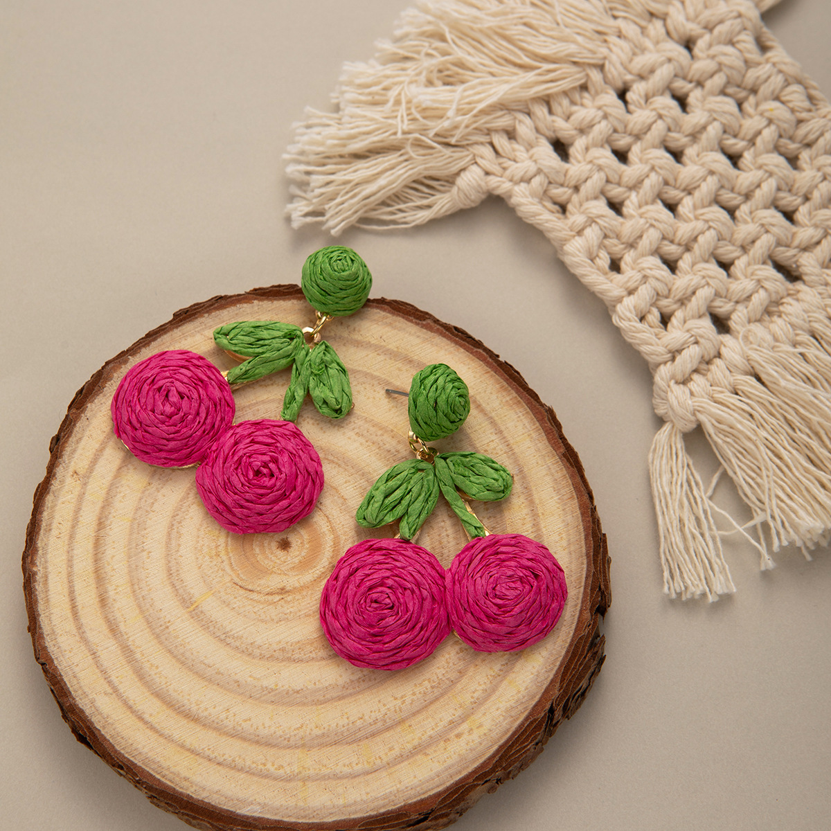 Bohemian Raffia Hand-woven Flower Cherry Earrings