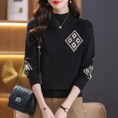 Winter Mock Neck Sweater Women's Western Style Top Plaid Colorblock Knitted - Black - View 1