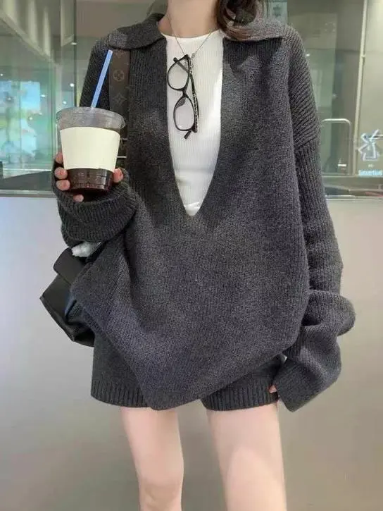 Women's V neck Sweater Suit Loose Sweater Shorts Dark Gray - Shop at LoveMi