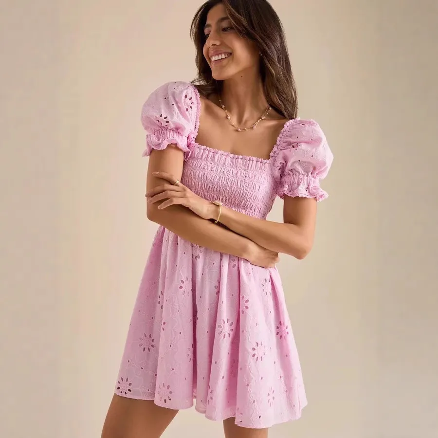 Vacation-style Sweet Embroidered Square-neck Dress - Pink