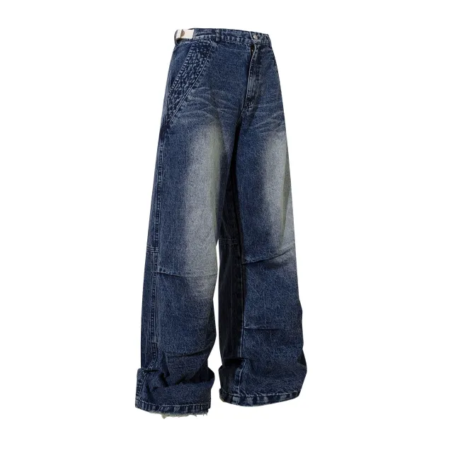 Loose Pleated Wide Leg Straight Jeans Blue - Shop at LoveMi