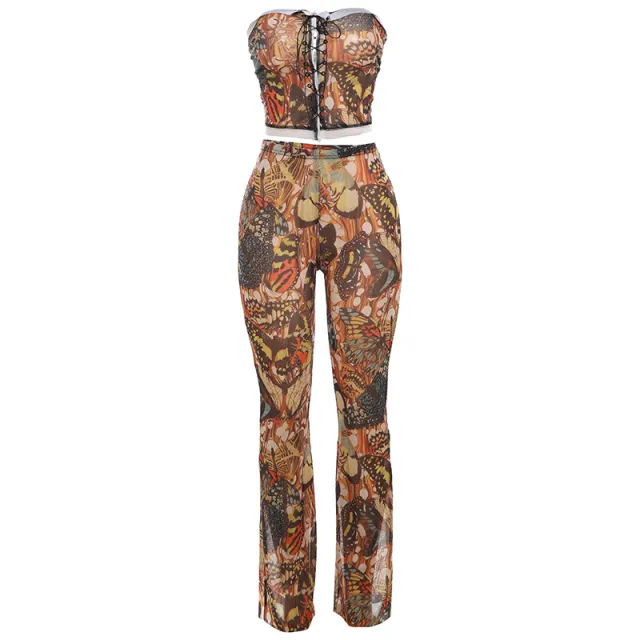 Europe And America Creative Printed Sleeveless Lace up Tube Top Trousers Suit Yellow - Shop at LoveMi