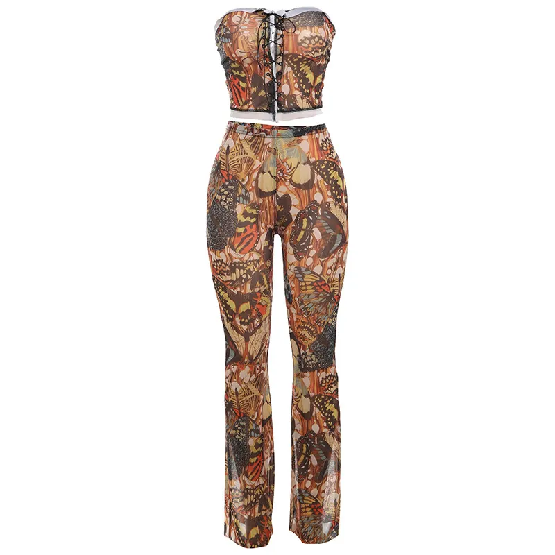 Europe And America Creative Printed Sleeveless Lace-up Tube Top Trousers Suit - Yellow